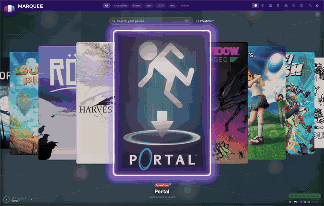 Marquee's 3D carousel spinning through a game library, spring physics settling on each selection