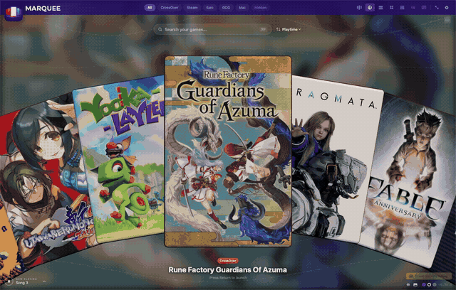 Rainbow Slide view mode — a Wii Menu-style wheel of game covers spinning past the camera