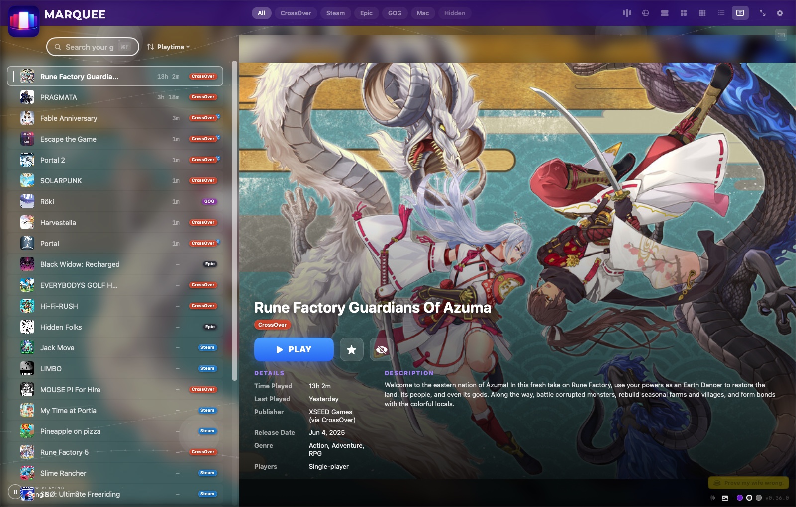 Marquee Compact List view showing a dense row list next to a detail panel filled with full-bleed hero art