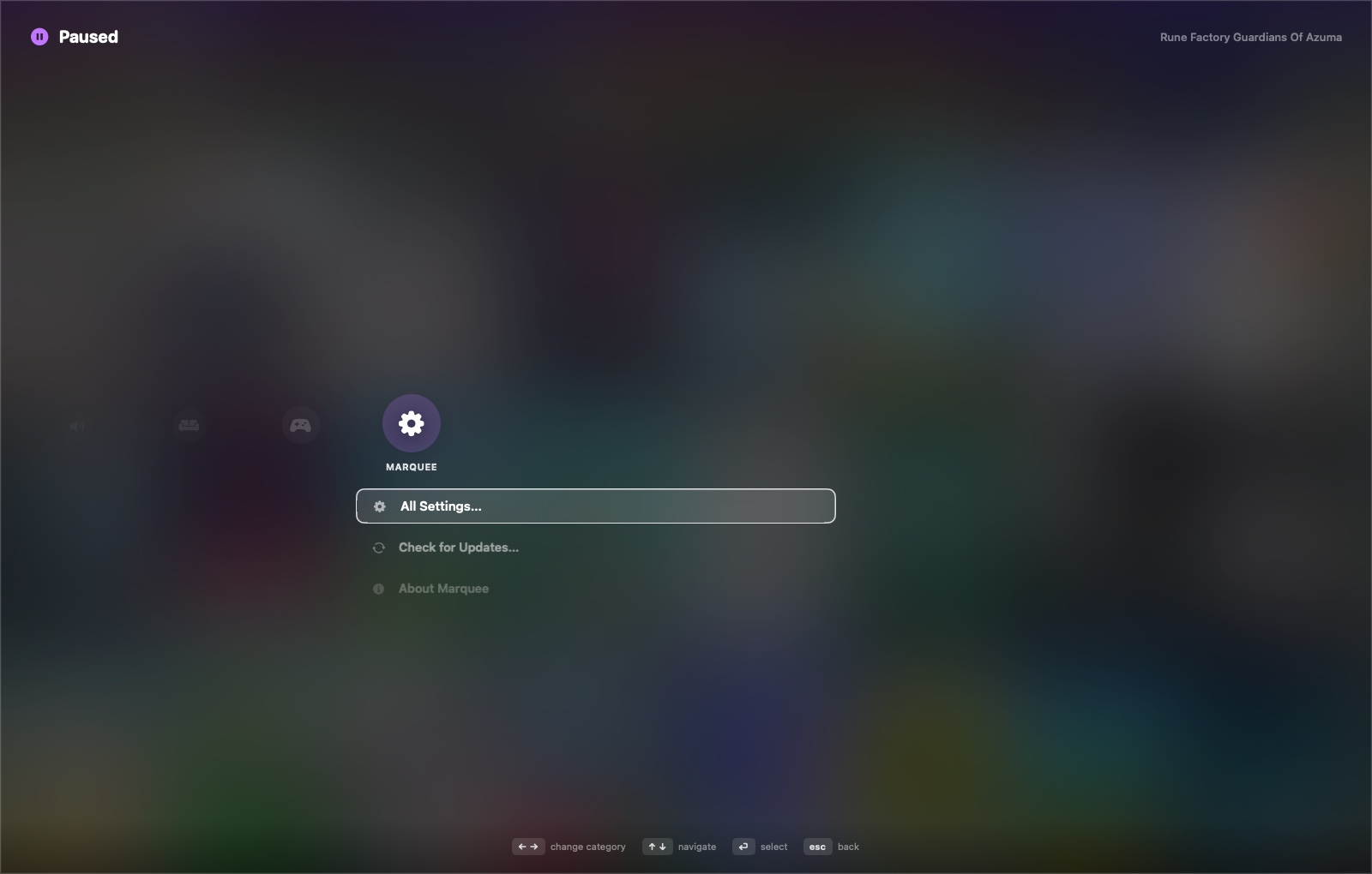 Marquee's console-style pause menu, showing the Marquee settings category with Check for Updates