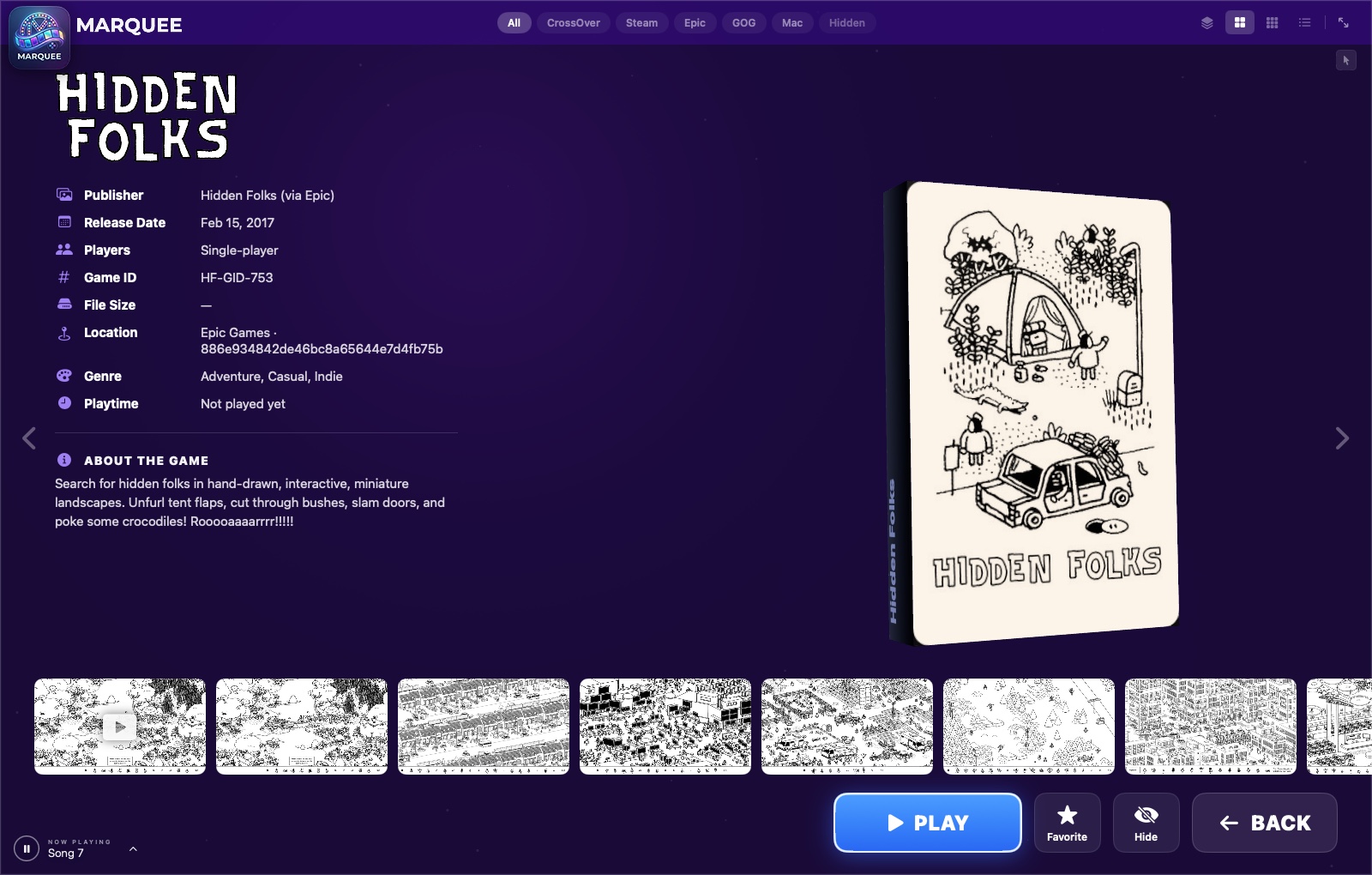 Marquee detail page for Hidden Folks showing metadata, a screenshot rail, and a 3D box