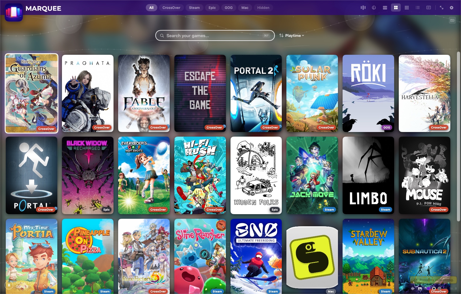 Marquee grid view showing a poster wall of games with source badges