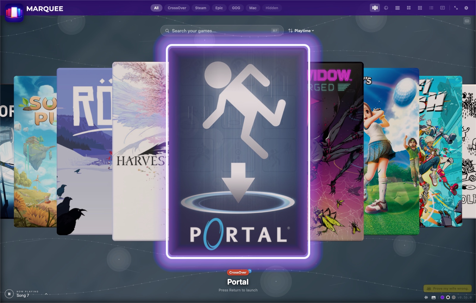 Marquee's 3D carousel view, showing a library of games with Portal centered and selected inside a glowing ring