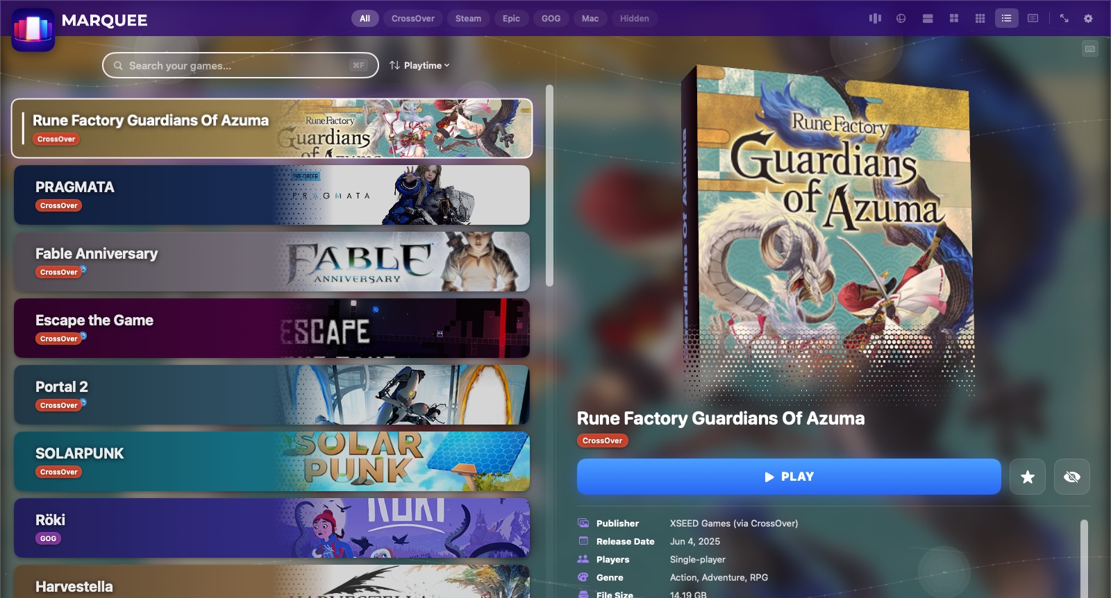 Marquee list view showing a master-detail layout with a spinning 3D game box