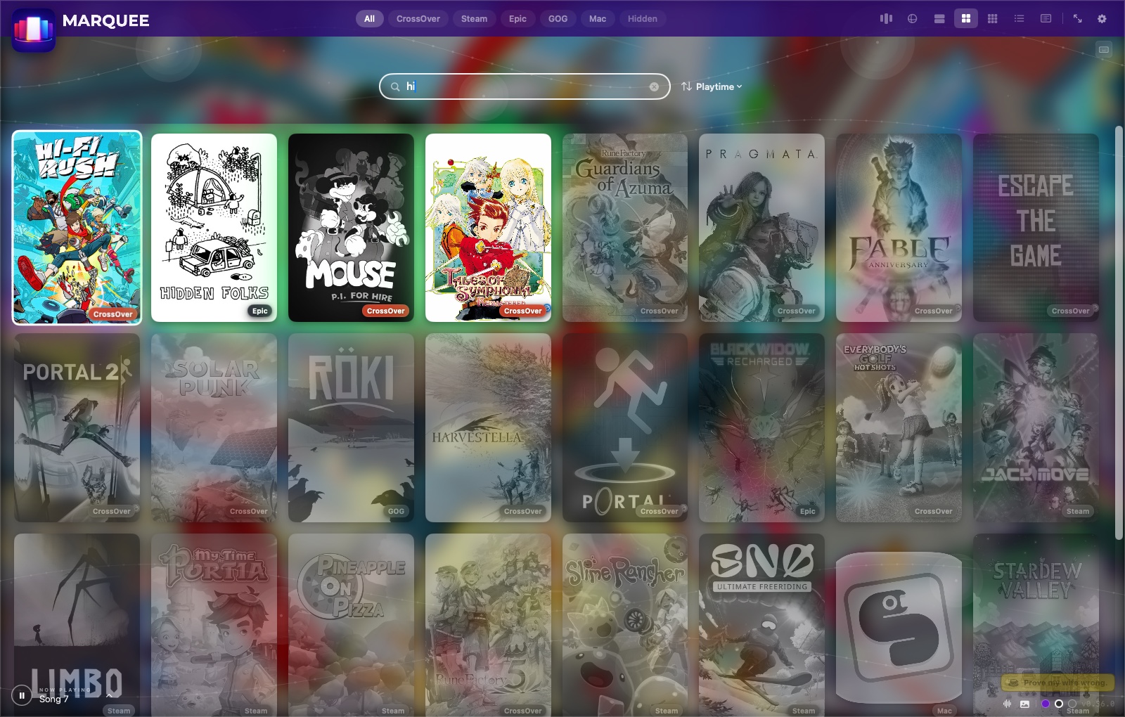 Marquee grid view with the search field typed to 'star' — Stardew Valley and Standard Snake glow as matches while every non-matching tile greys out