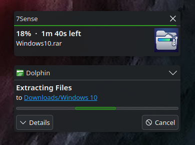 7Sense progress notification during a RAR extraction, next to Dolphin’s own
