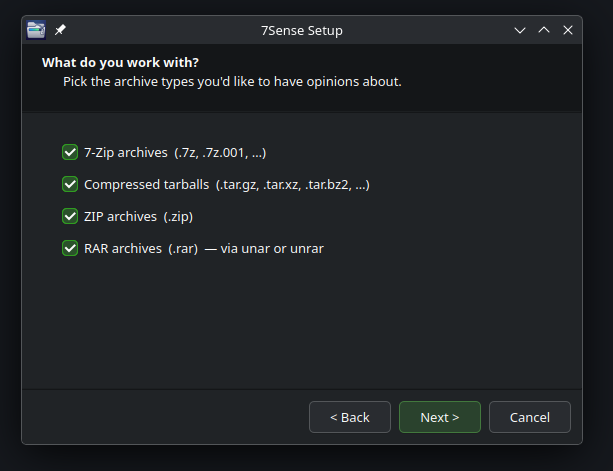 7Sense setup: choosing archive formats to watch