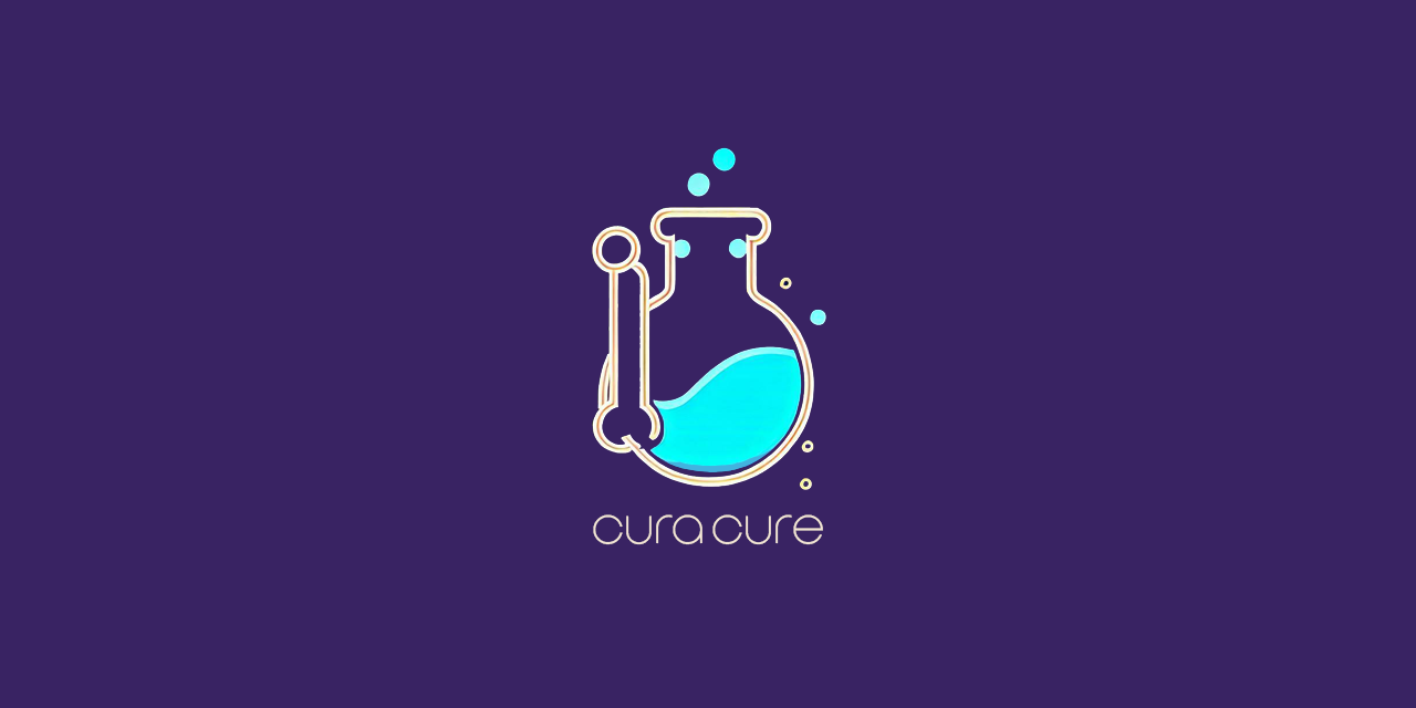 Cura-Cure banner: a flask logo on purple