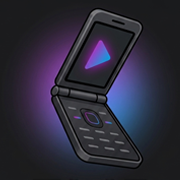 FlipFin app icon: an open flip phone with a purple play button