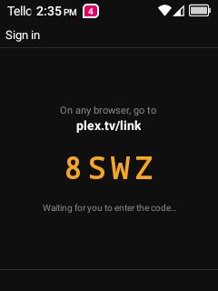 FlipFlex showing a four-character plex.tv/link code