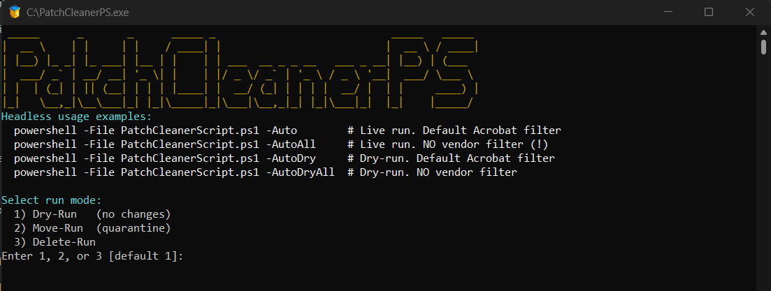 PatchCleanerPS running in a PowerShell console, showing run modes