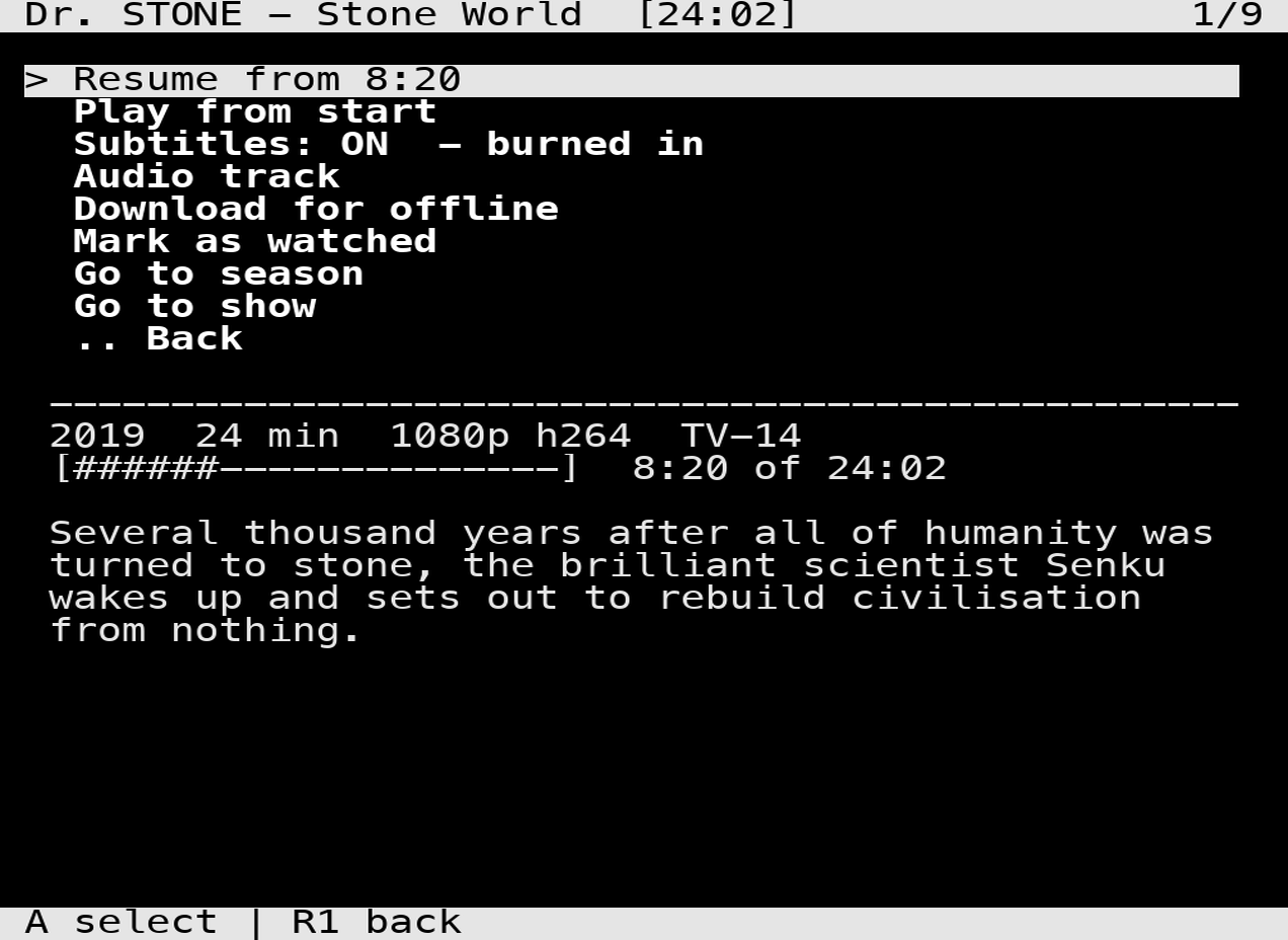 PocketFlex item card with resume, subtitles, audio track and download options