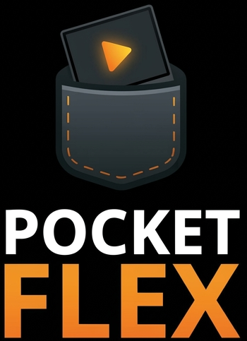PocketFlex logo: a play-button card tucked into a denim pocket