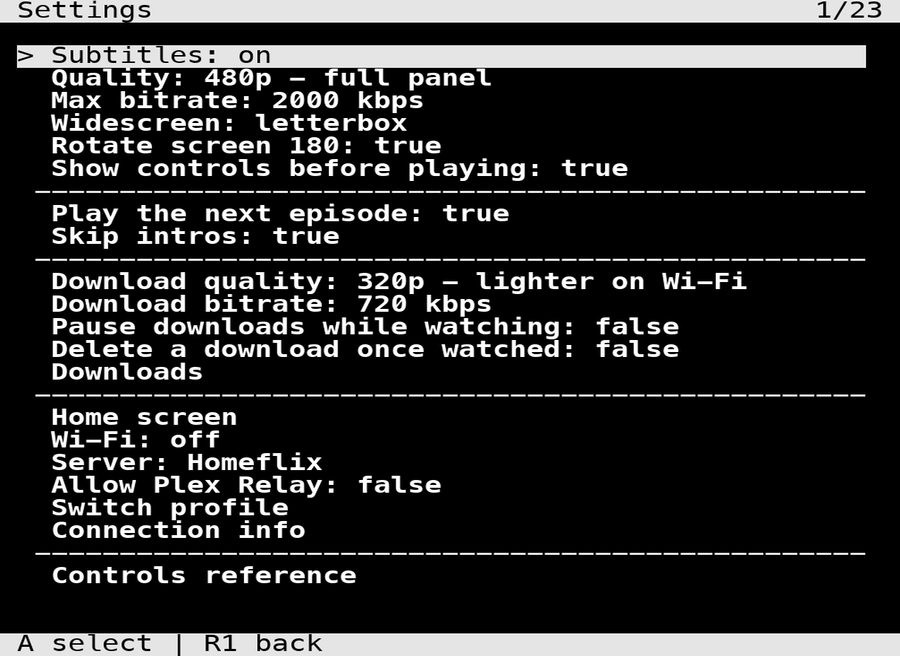 PocketFlex settings screen