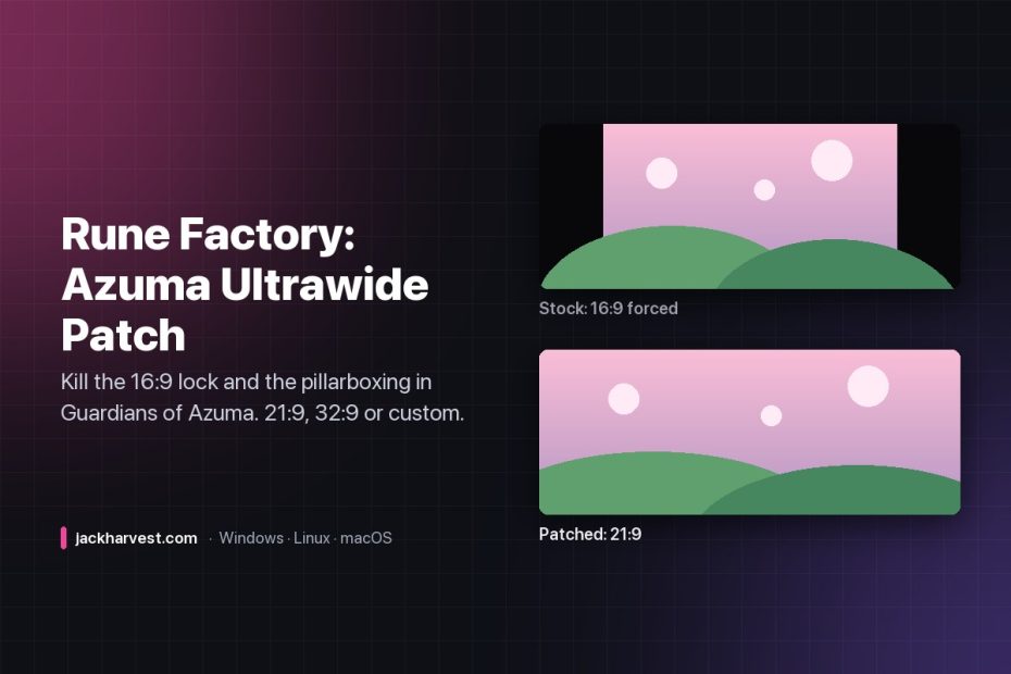 Rune Factory: Guardians of Azuma ultrawide patch — 16:9 forced vs 21:9 patched