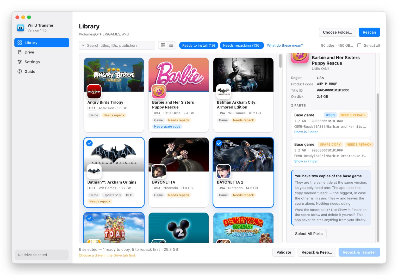 Details panel explaining that the library holds two copies of the same Wii U game