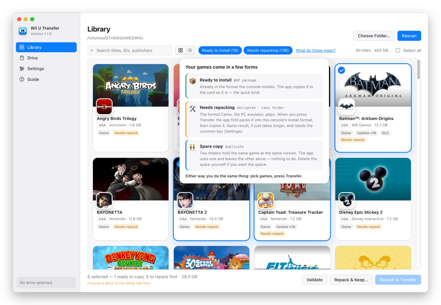 Popover explaining Ready to install, Needs repacking and Spare copy