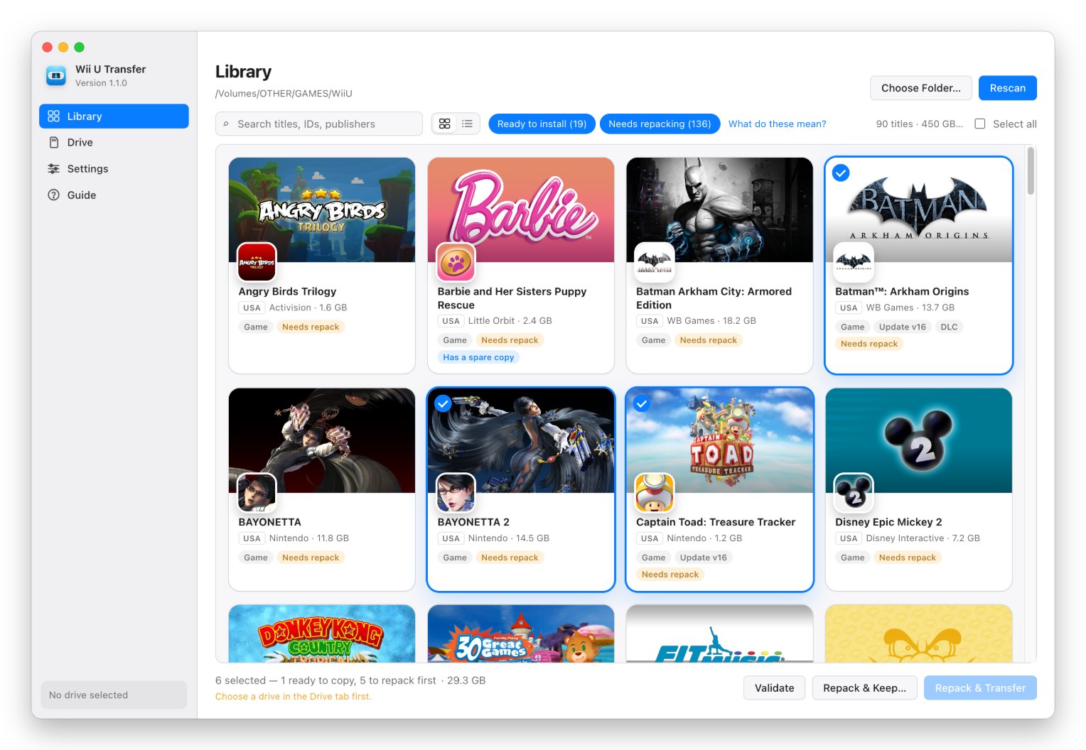 Wii U Transfer library view showing game boot artwork as posters, with three games selected