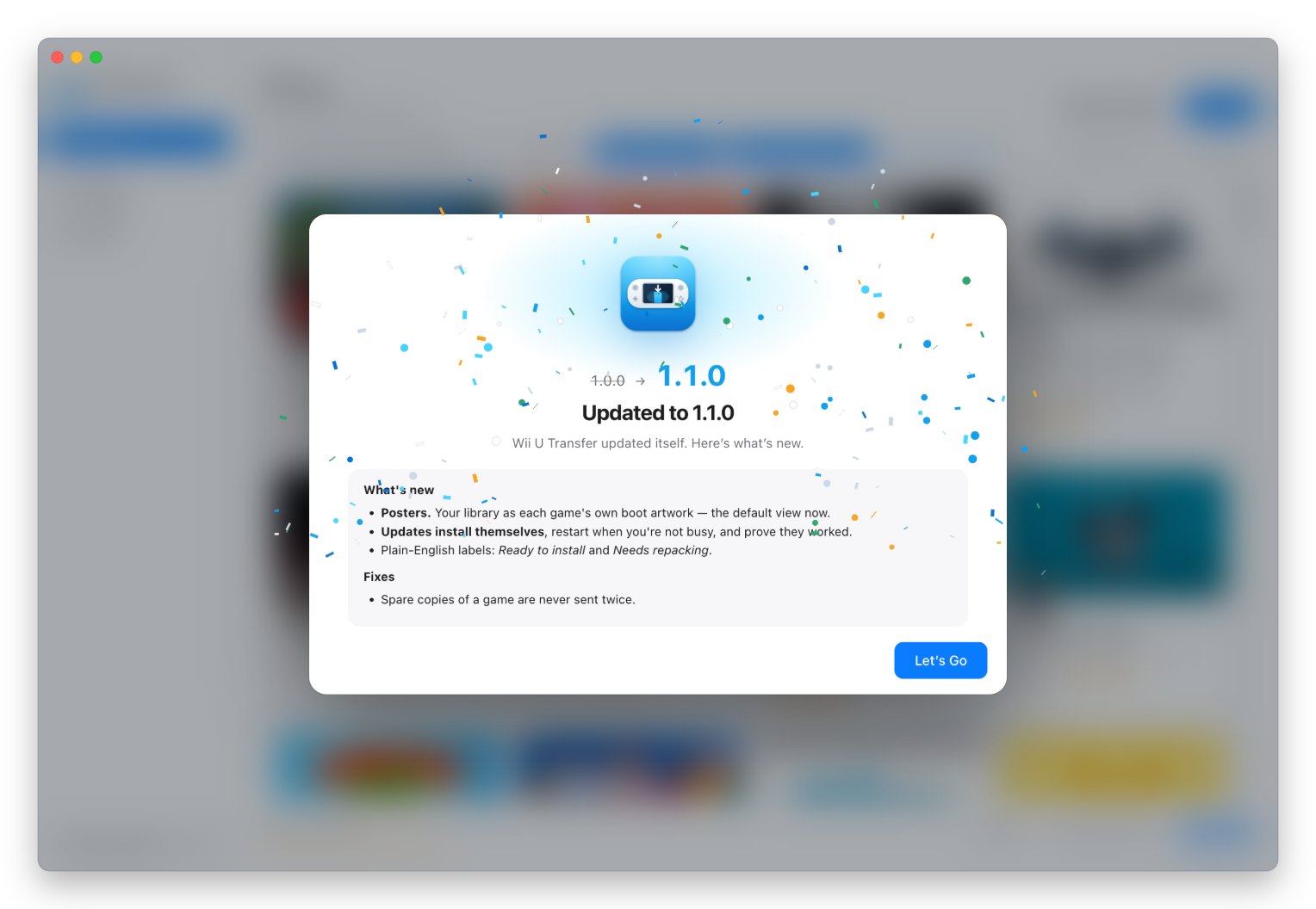 What’s new sheet shown after Wii U Transfer updates itself