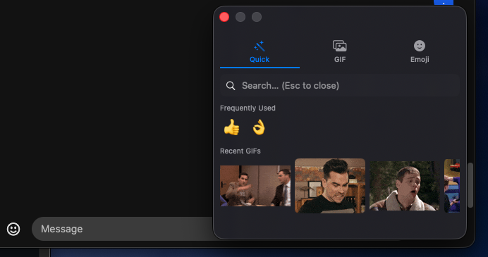WinDot Quick tab in dark mode docked to the corner of a Messages window, showing frequent emoji and recent GIFs