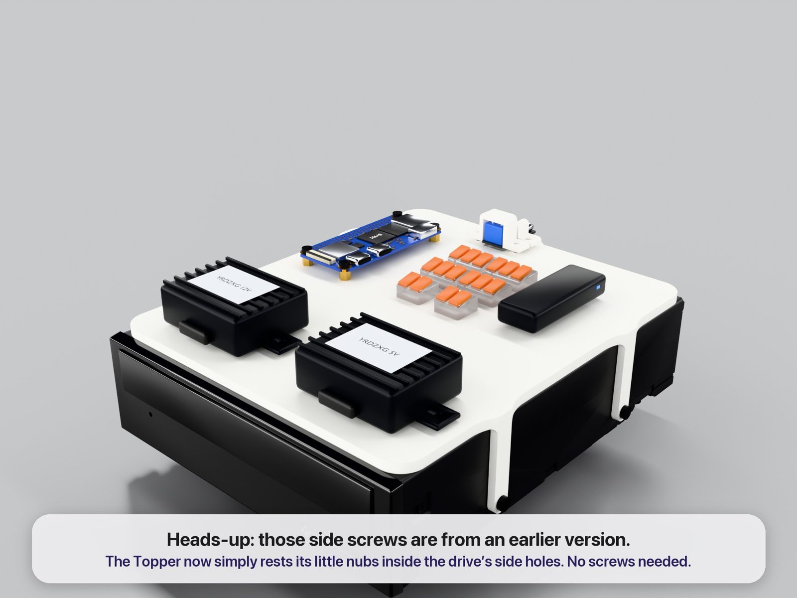 The Power Topper plate with the Orange Pi Zero 2W, two buck converters, lever connectors and a USB-C PD trigger board mounted on it