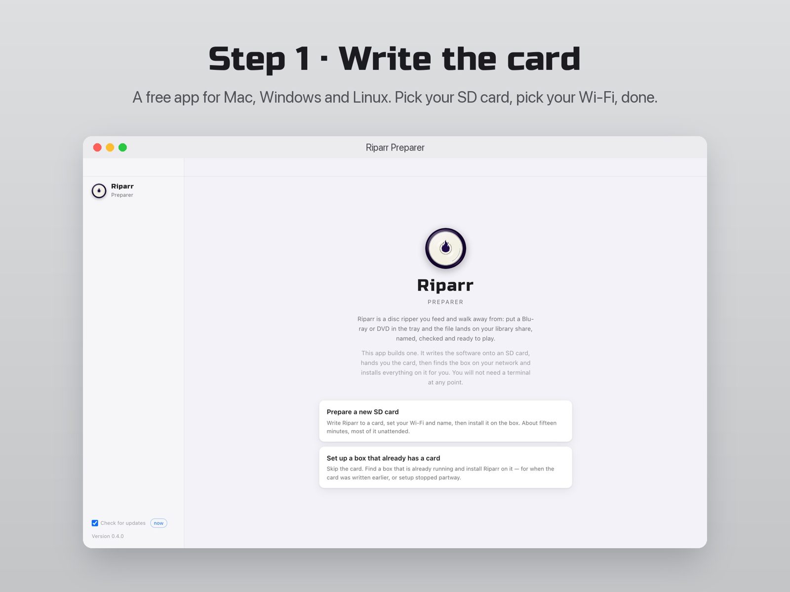Riparr Preparer app, step 1: write the SD card