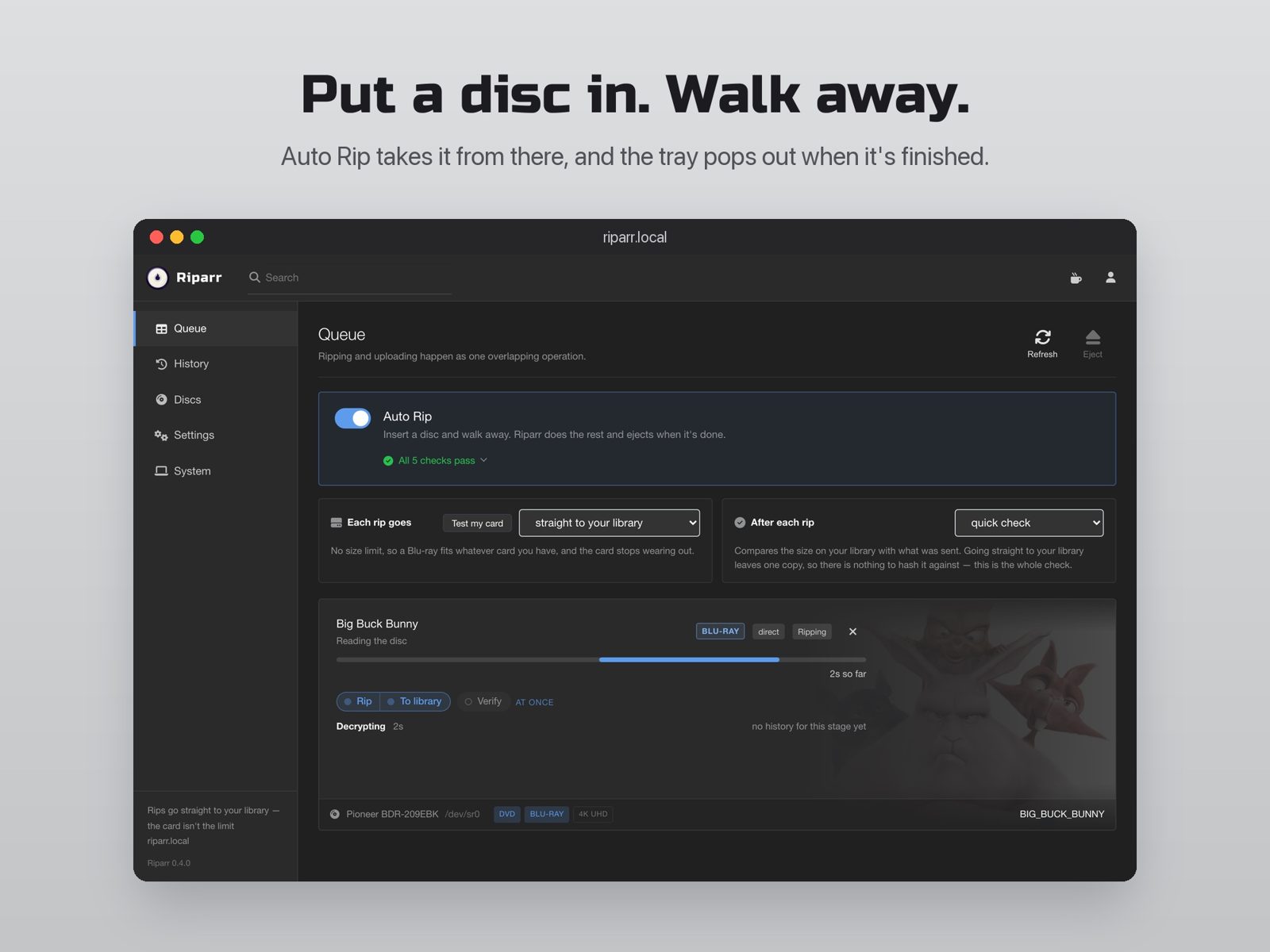 Riparr web interface queue page ripping a Blu-ray with Auto Rip switched on