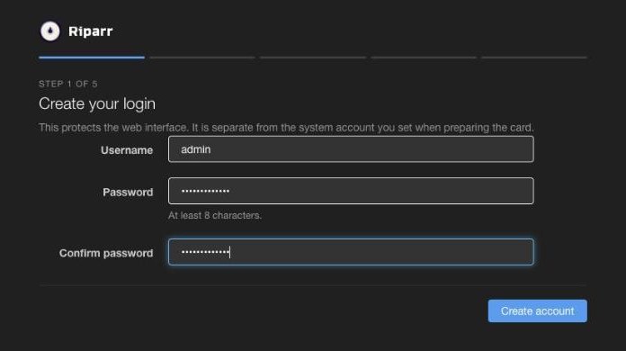 Riparr first-run setup in the browser: create your login