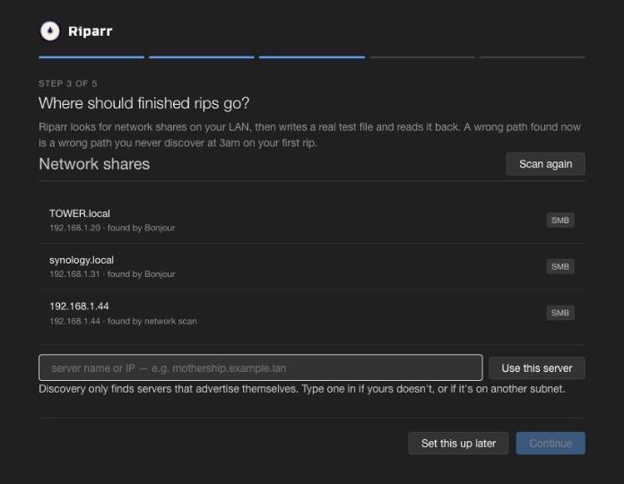 Riparr first-run setup in the browser: pick the NAS or server where finished rips will go